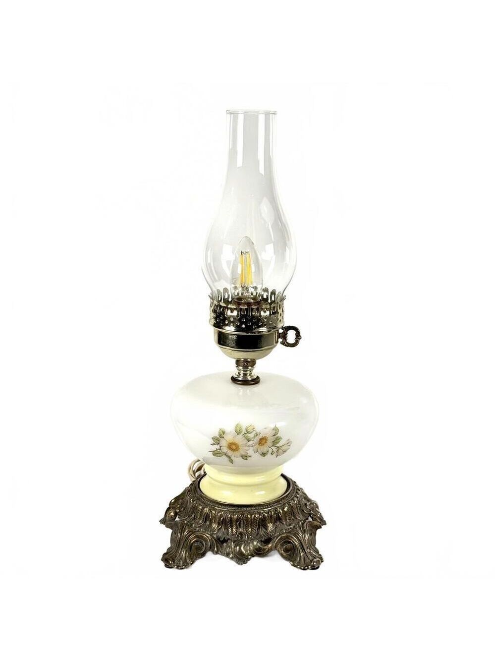 1971 L&LWMC Vintage Hurricane Lamp White Ceramic Floral Cast Metal Base